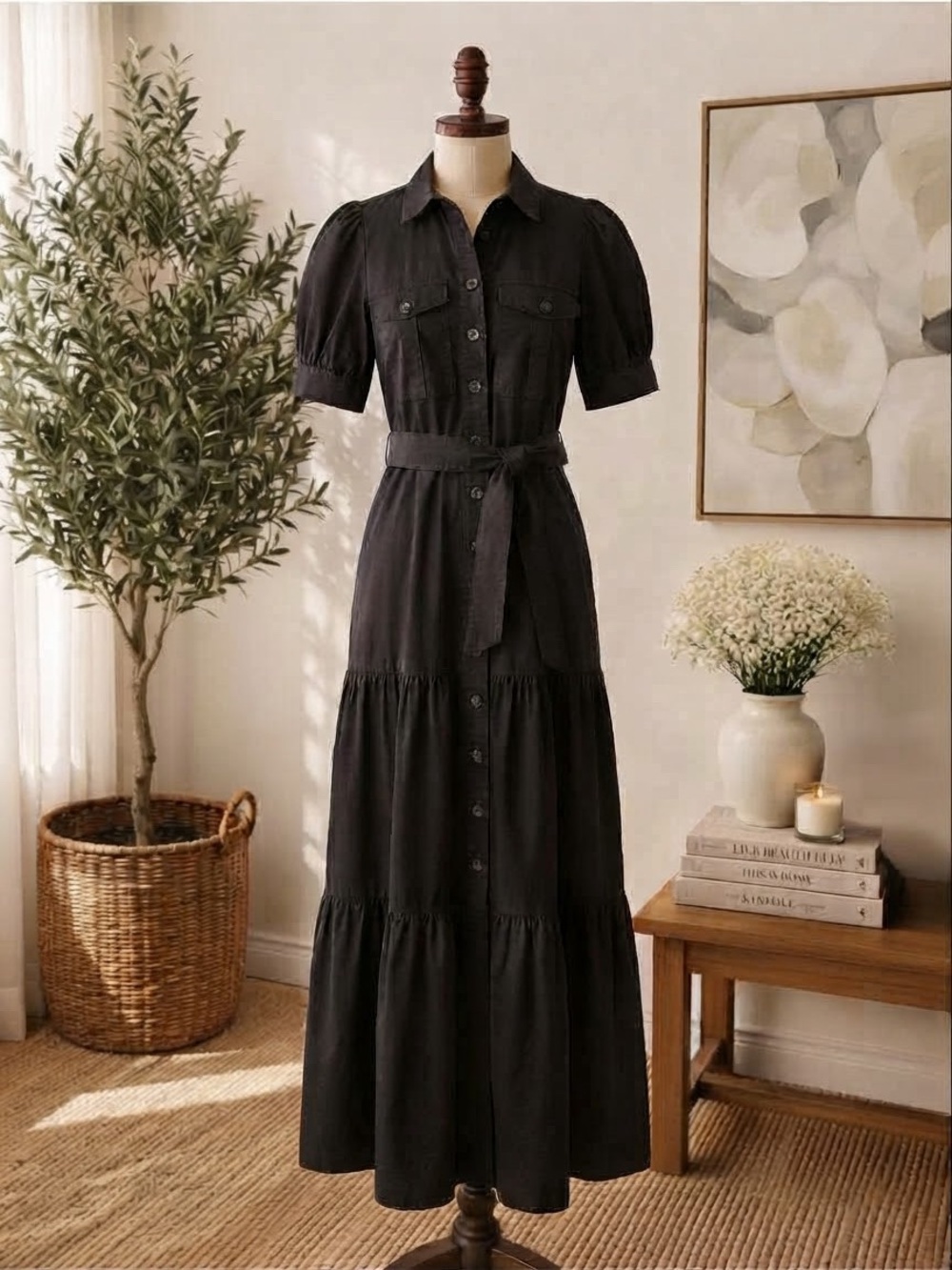 Derek Lam Crosby 10 Buffy Utility Dress Sz Small 100% Cotton Maxi Puff Sleeve